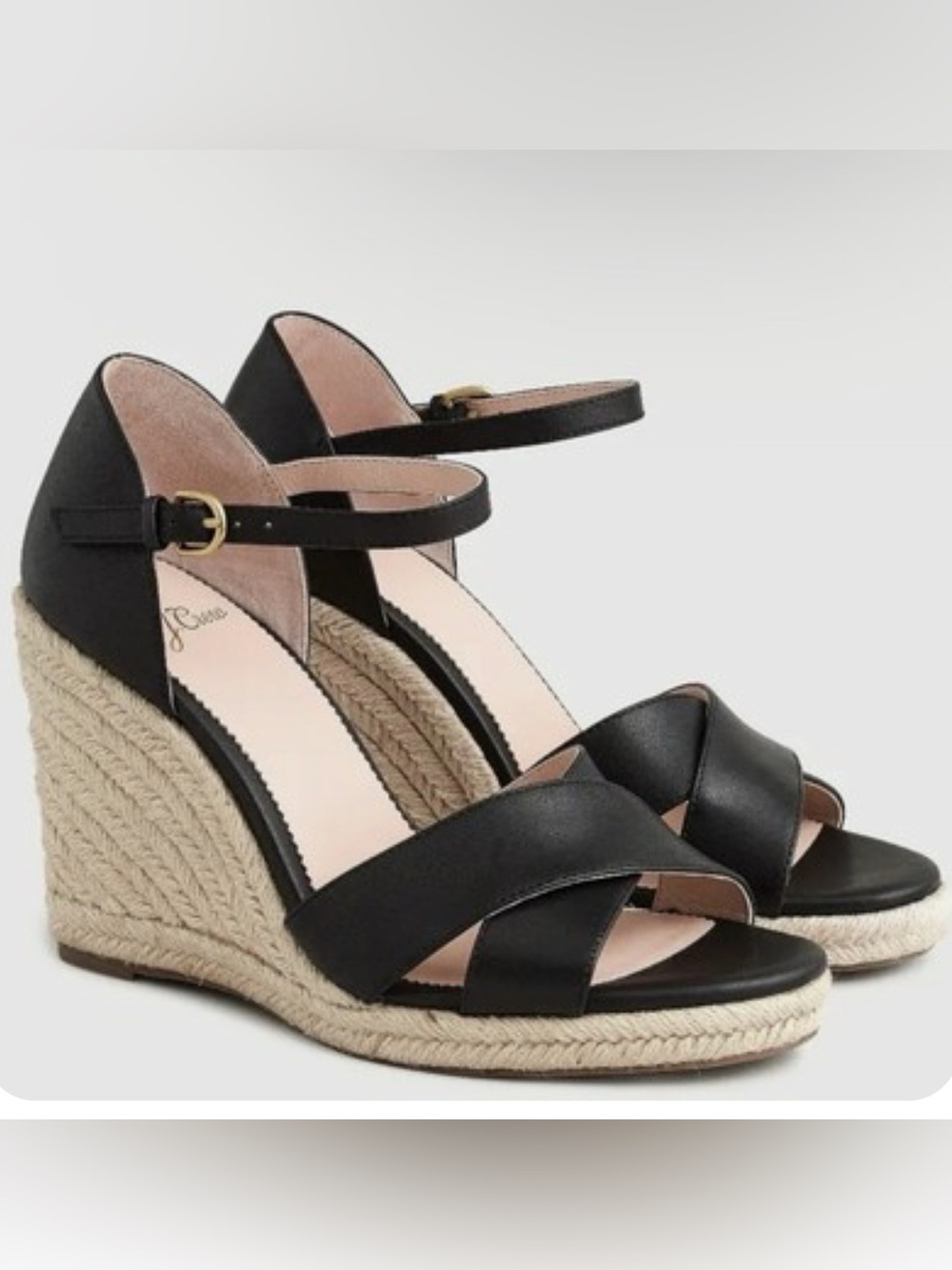 J. Crew “Jute” Black Leather Ankle-Strap Wedge Sandals